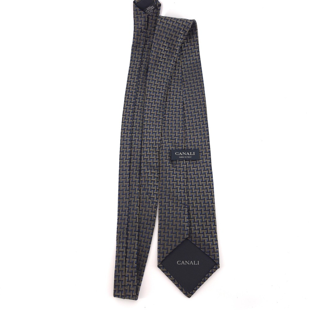Canali Mens Tie 100% Silk Olive Green Navy Geometric Basketweave Made in Italy - Picture 8 of 10